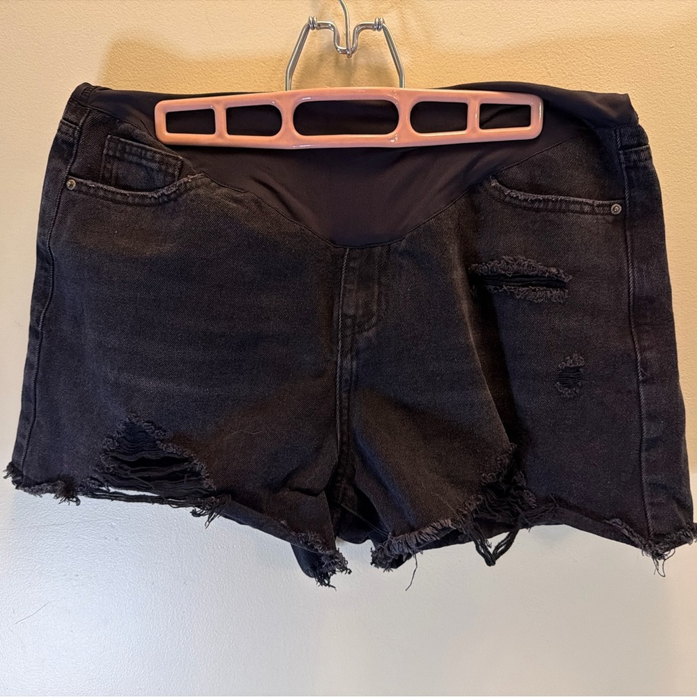 SHEIN Maternity Shorts Black Distressed Ripped Denim Large Adj Waist Belly Band